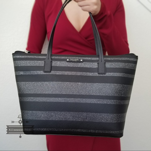 Kate spade HANI Haven lane stripe black grey tote - Picture 4 of 7